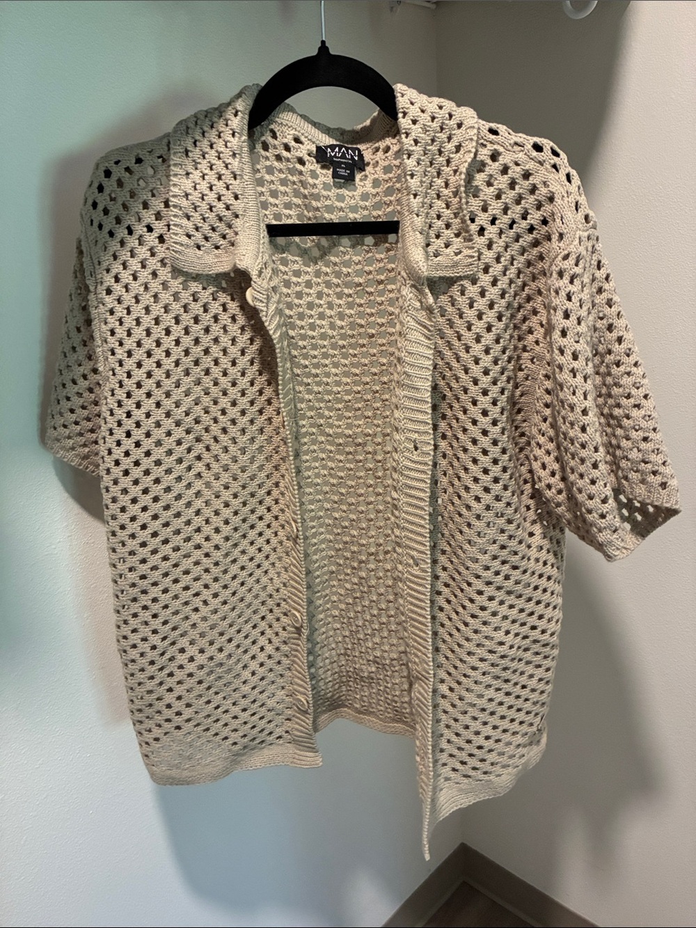 boohooMAN Cream Crochet Open Knit Button Shirt XL